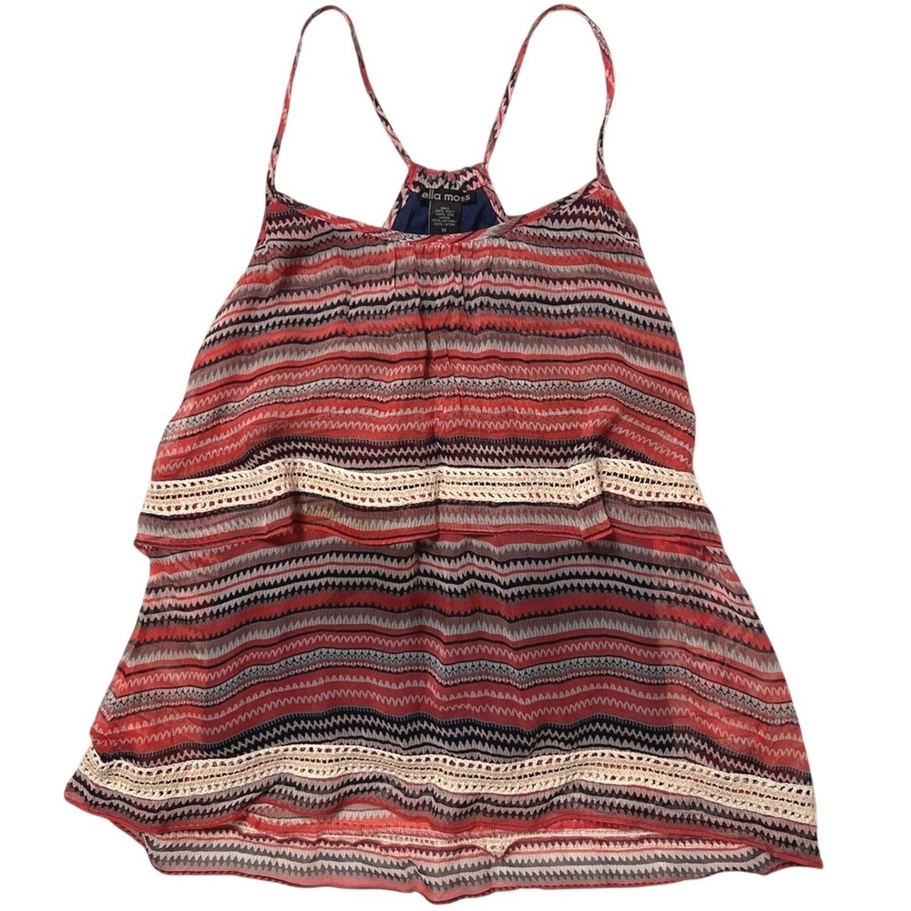 Ella Moss Cami Tank Top Red M 100% Silk Stripe Crochet Boho Festival Gypsy Indie